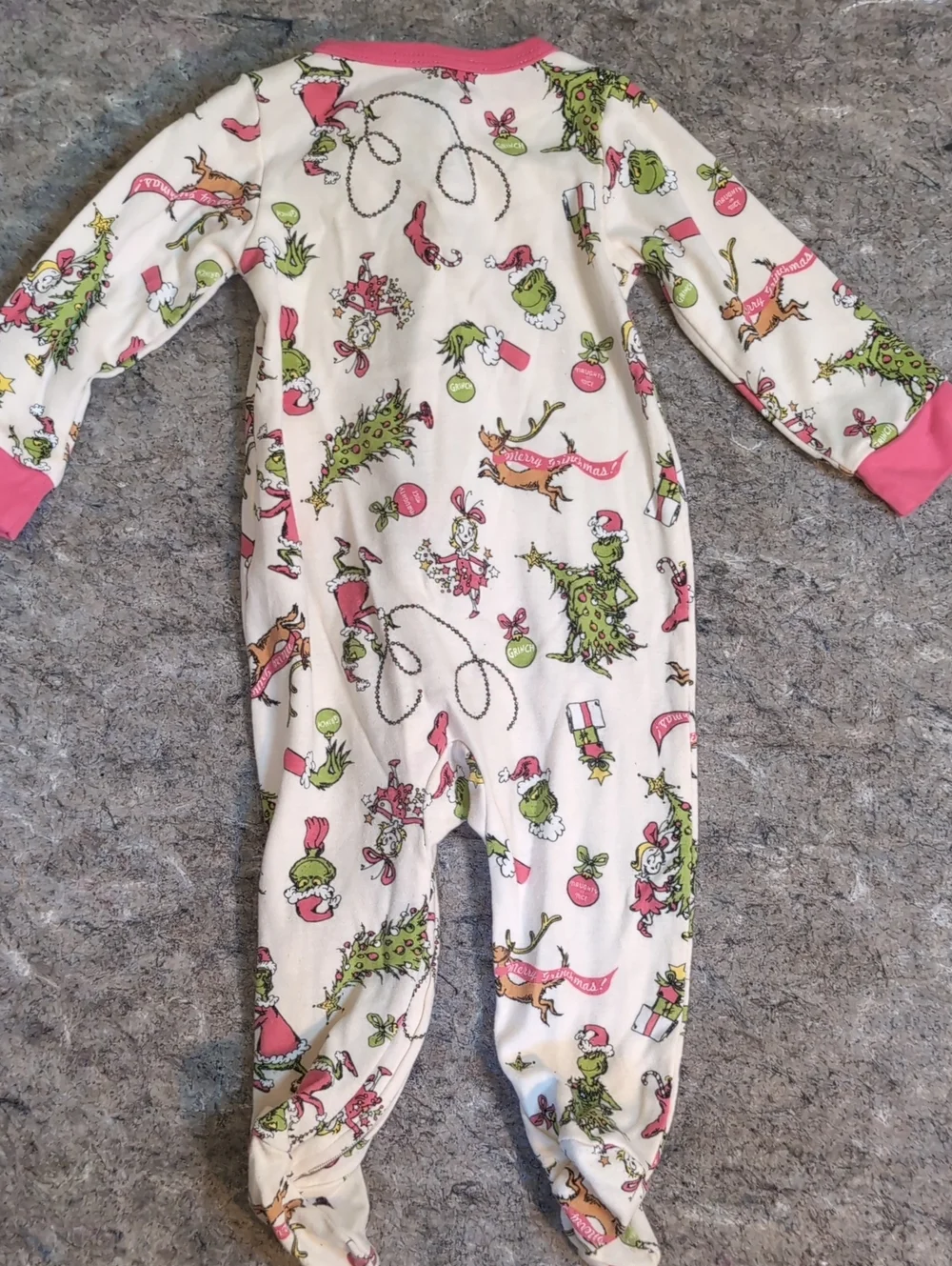 Holiday Grinch Print Pink-Trim Footed One-Piece Sleeper 6/9 Months